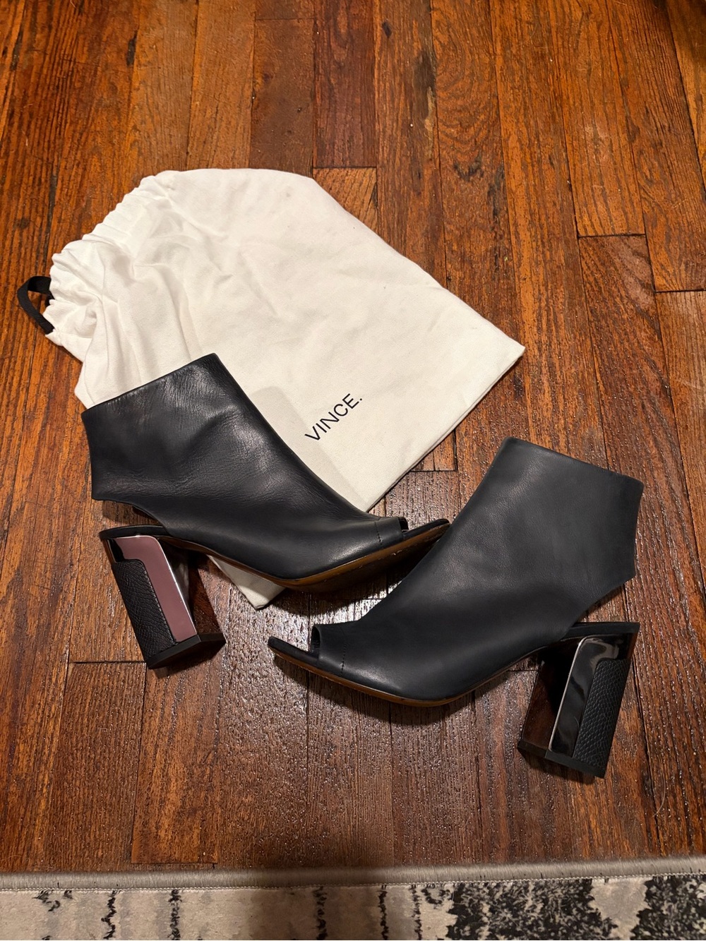 Vince Black Leather Peep-Toe Block Heel Ankle Boots
